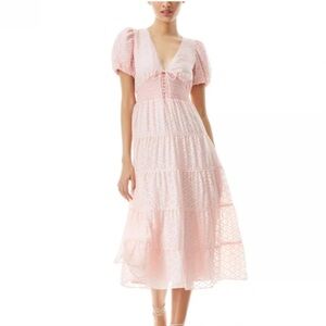 Alice + Olivia Tia English Rose Puff Sleeve Smocked Waist Silk Blend MIDI Dress